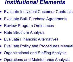 Institutional Elements •	Evaluate Individual Customer Contracts •	Evaluate Bulk Purchase Agreements •	Review Program Ordinances •	Rate Structure Analysis •	Evaluate Financing Alternatives •	Evaluate Policy and Procedures Manual •	Organizational and Staffing Analysis •	Operations and Maintenance Analysis