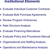Institutional Elements •	Evaluate Individual Customer Contracts •	Evaluate Bulk Purchase Agreements •	Review Program Ordinances •	Rate Structure Analysis •	Evaluate Financing Alternatives •	Evaluate Policy and Procedures Manual •	Organizational and Staffing Analysis •	Operations and Maintenance Analysis