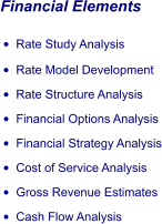 Financial Elements •	Rate Study Analysis •	Rate Model Development •	Rate Structure Analysis •	Financial Options Analysis •	Financial Strategy Analysis •	Cost of Service Analysis •	Gross Revenue Estimates •	Cash Flow Analysis