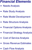 Financial Elements •	Needs Analysis •	Rate Study Analysis •	Rate Model Development •	Rate Structure Analysis •	Financial Options Analysis •	Financial Strategy Analysis •	Cost of Service Analysis •	Gross Revenue Estimates •	Cash Flow Analysis
