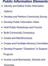 Public Information Elements •	Identify and Define Public Information  .     Options •	Develop and Perform Community Survey •	Develop Public Information Video •	Hold Public Workshops and Forums •	Build Community Consensus •	Create and Mail Brochures •	Create and Facilitate Advisory Committee •	Develop Program “Champion” to Support      Program •	Involve Local Businesses, Schools and       Churches